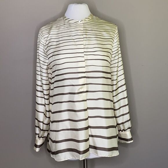 THEORY Popover Ivory/Olive Green Painted Stripe Silk Tunic Blouse Size Small - Picture 5 of 11